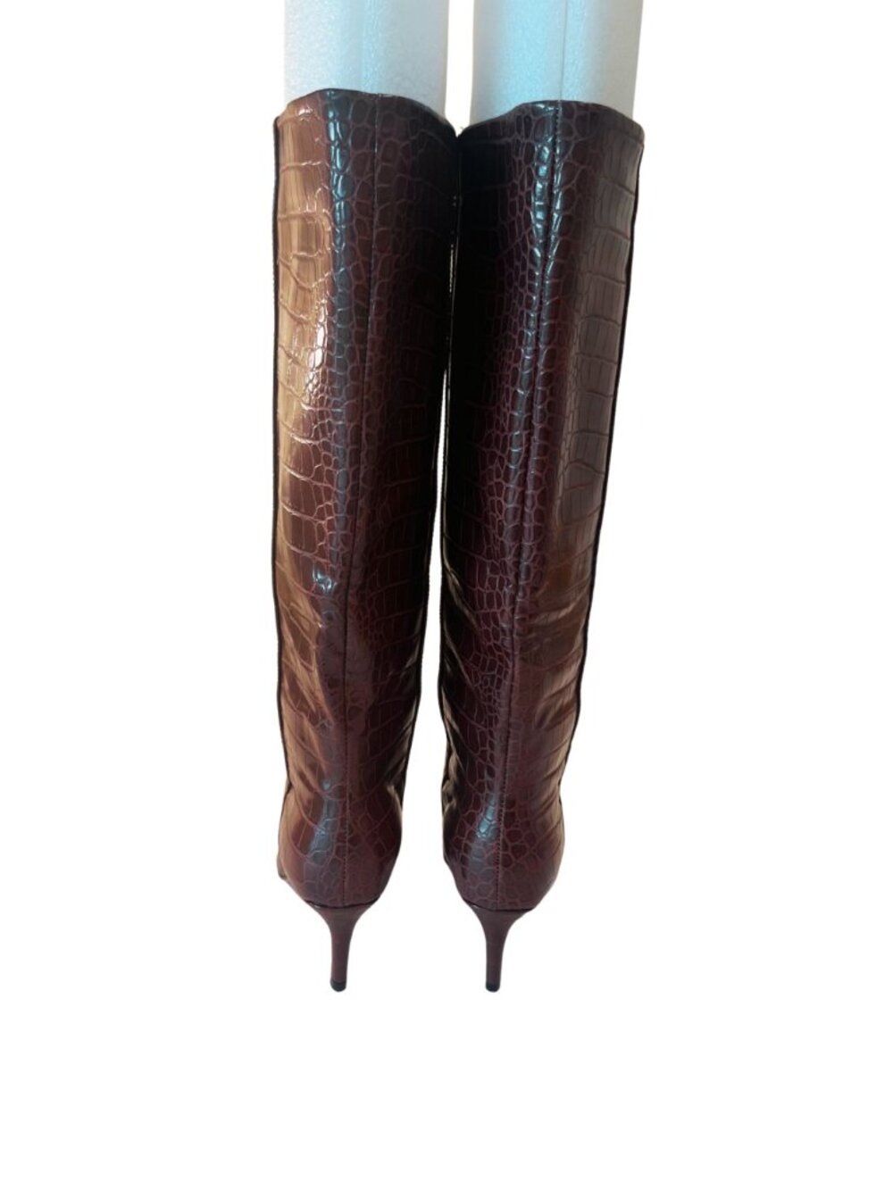 Crocodile Croc Embossed Faux Leather Knee High Brown Cognac Kitten Heel Boots - Picture 8 of 8